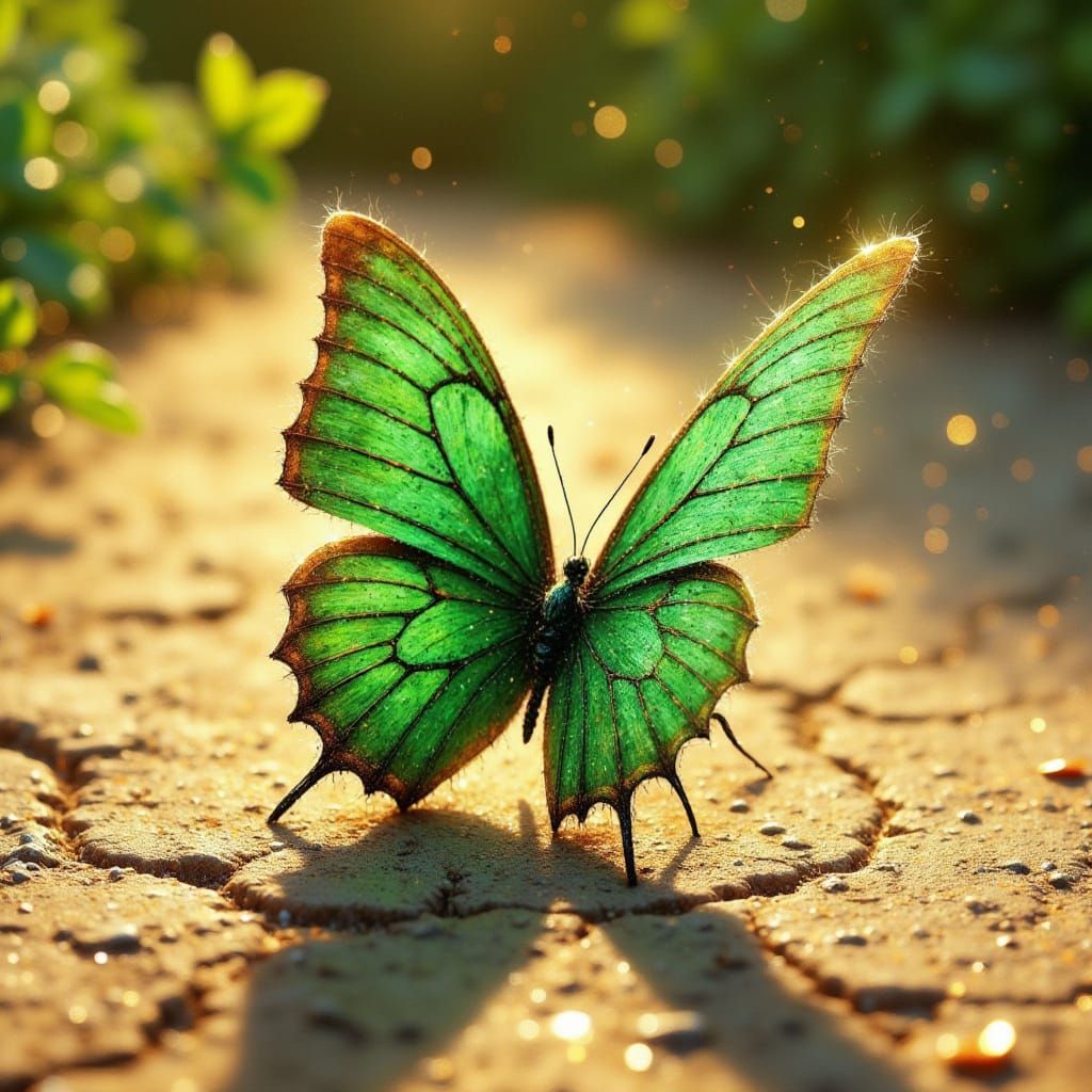 Hyperrealistic Green Butterfly in Golden Hour Light