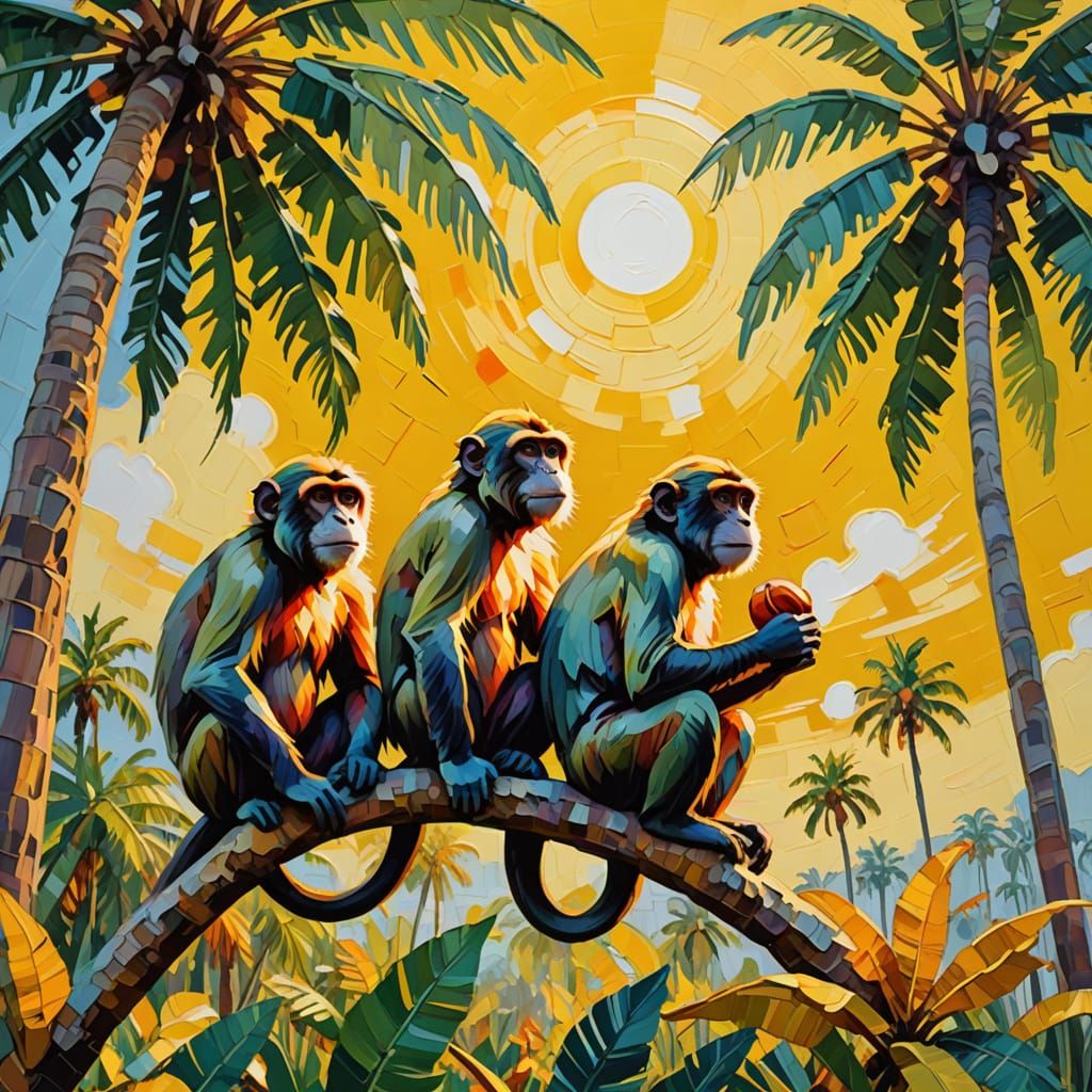 Monkeys in Expressionist Jungle, Impasto Painting
