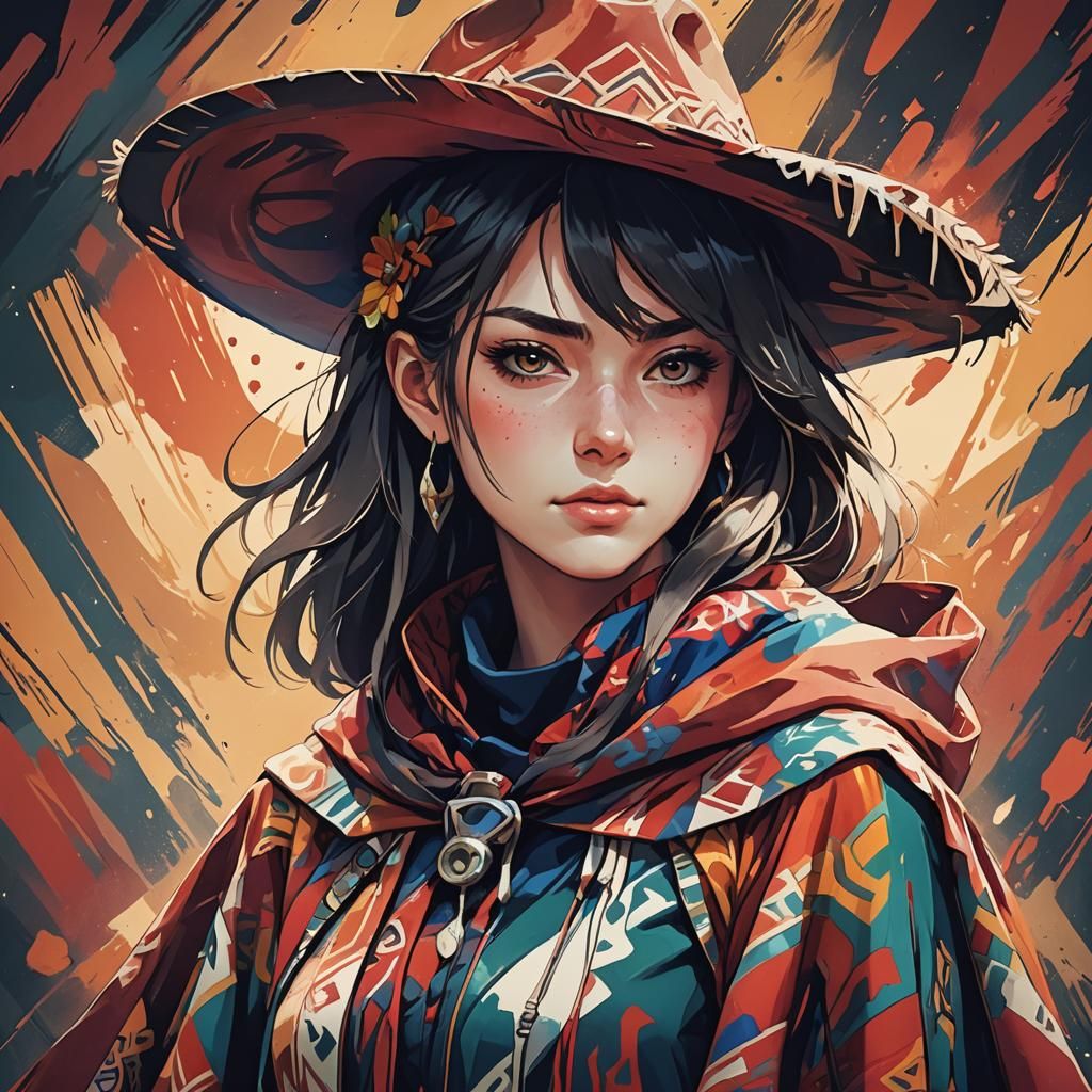 Teen Woman Cowboy Portrait in Anime Style