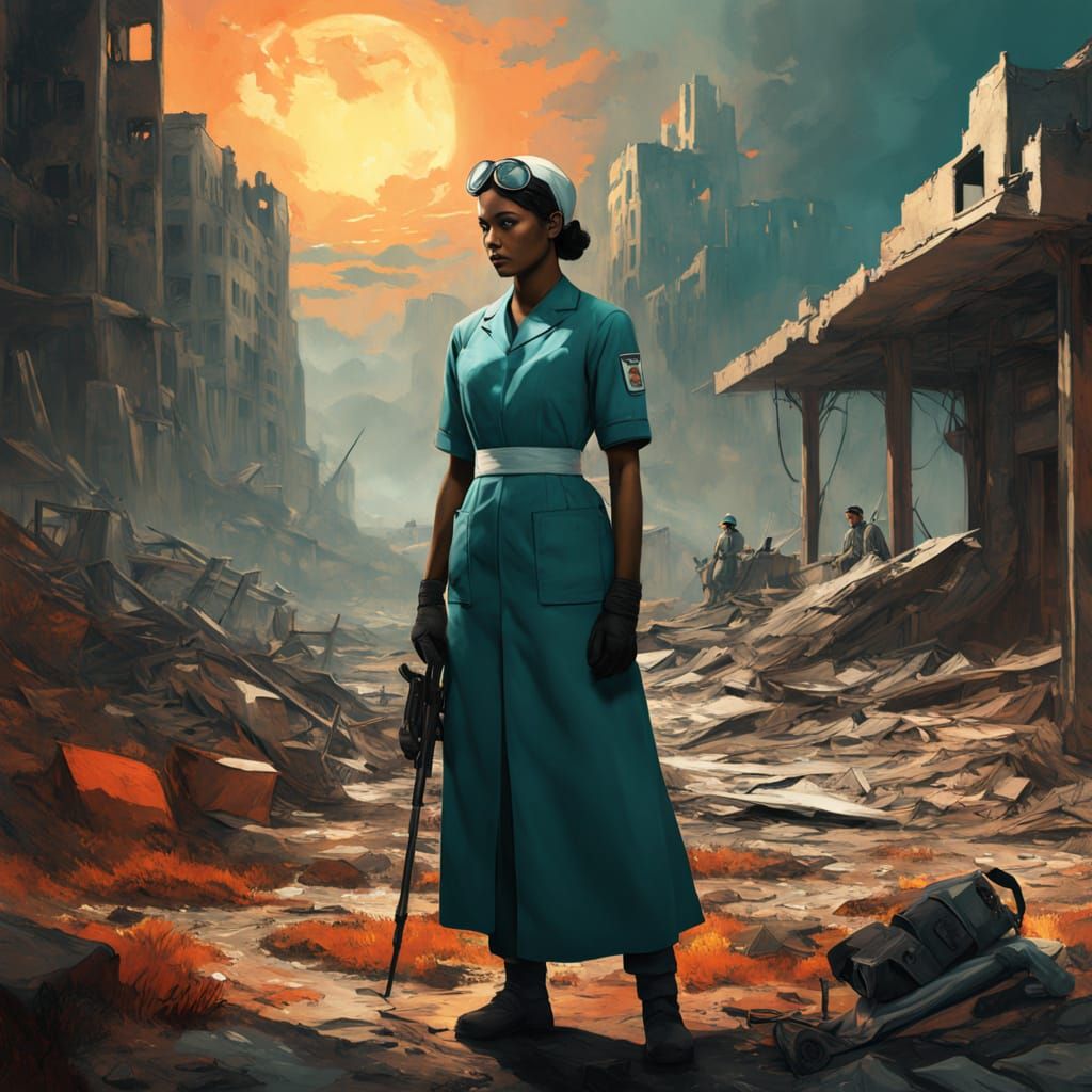 Nurse in War-Torn Landscape as Digital Matte Painting
