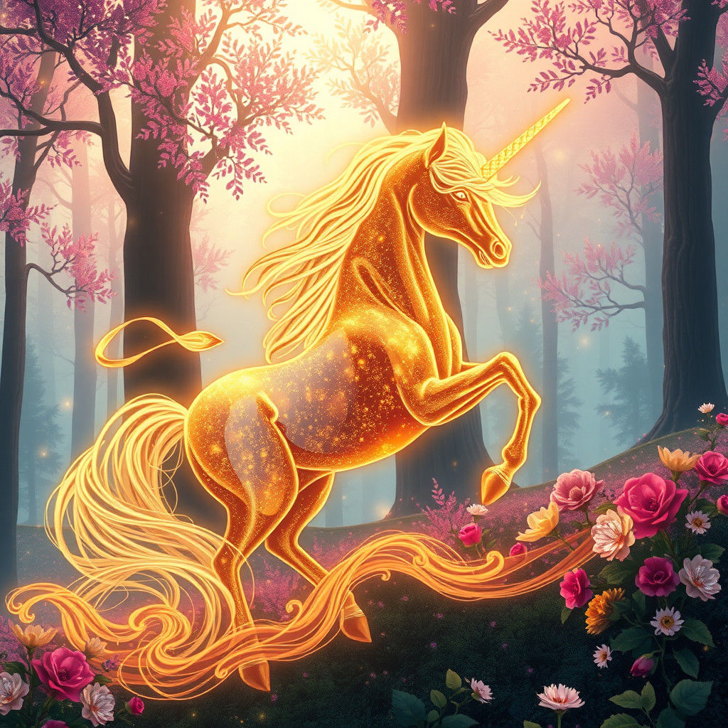 Luminous Unicorn Made of Golden Light in Fantasy Forest