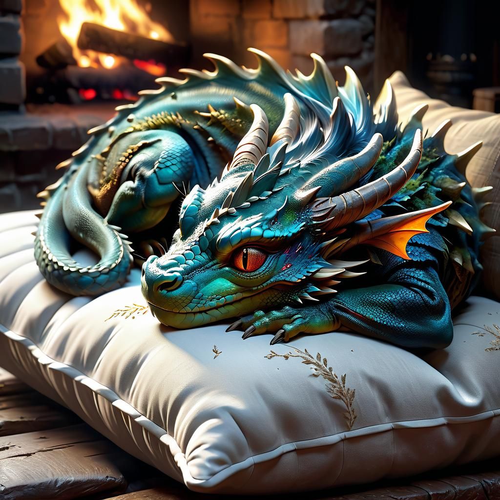 Cute Baby Dragon Sleeps: Detailed Matte Painting