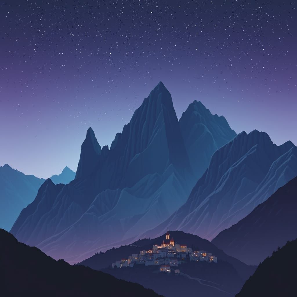 Majestic Mountains Under Starry Night Sky in Soft, Dreamy Hu...