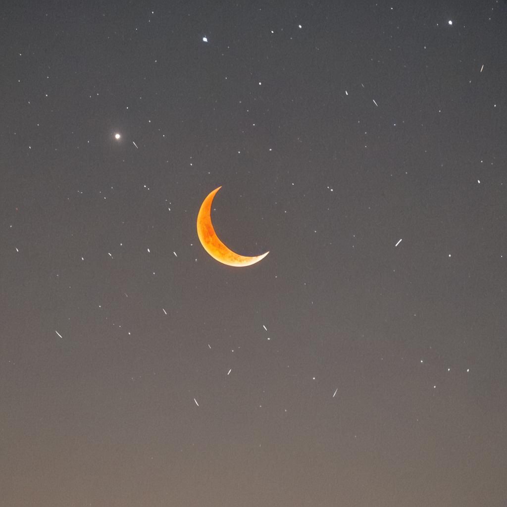 Eerie Orange Crescent Moon in Velvety Darkness