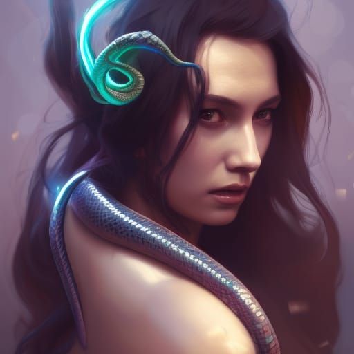 Detailed Snake Queen Portrait in Art Nouveau Style