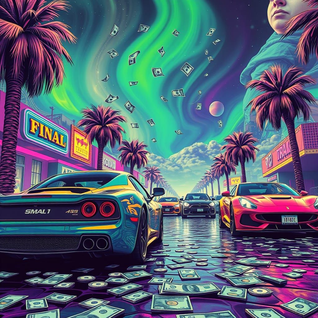 Psychedelic Vision of Wealth with Sports Cars