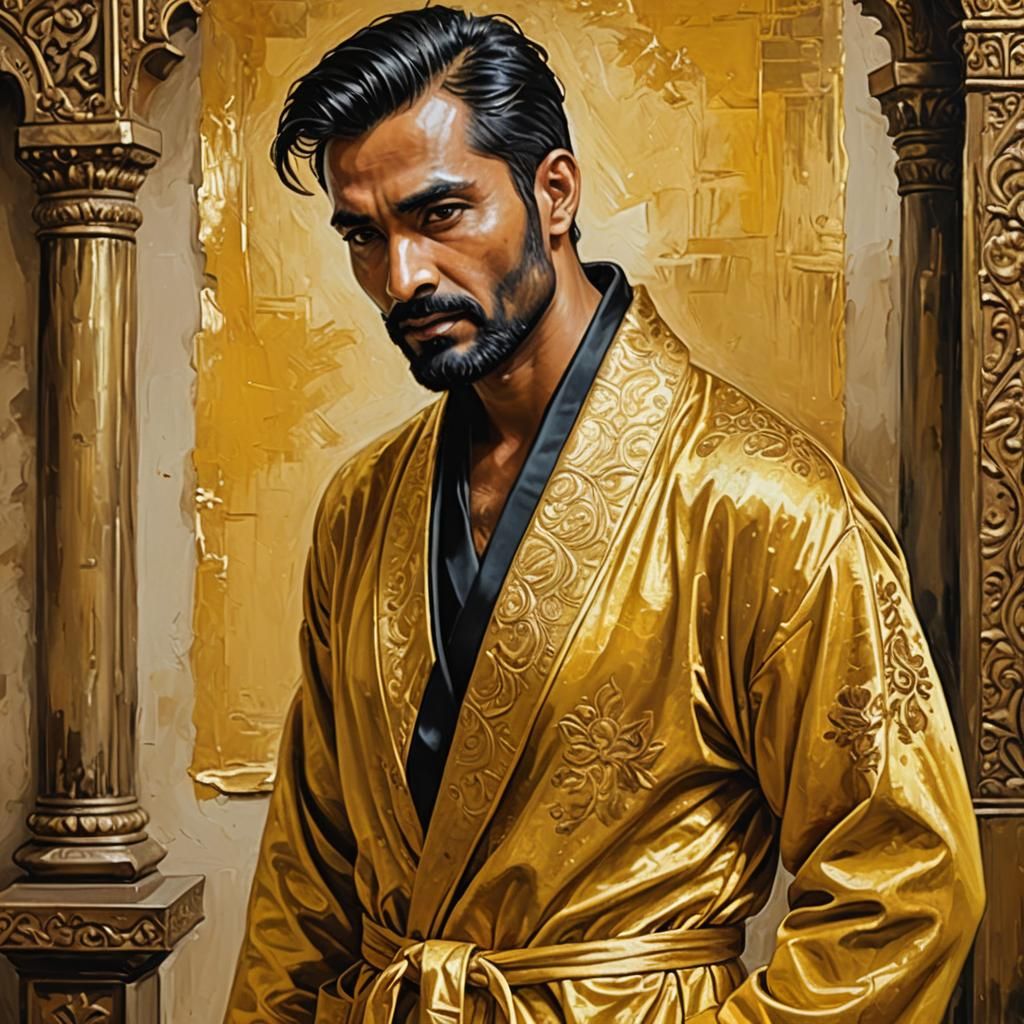 Indian Man in Gold Robe: Impressionist Oil Painting
