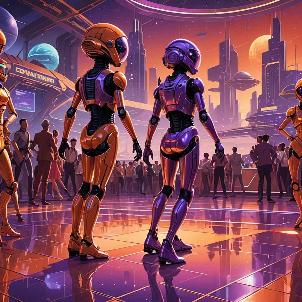 Martian Disco with Aliens and Robots in Art Deco Style