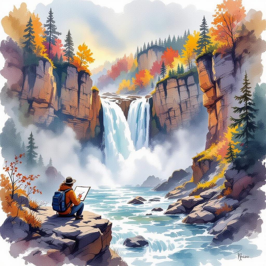 Traveler Sketches Autumn Waterfall in Expressive Watercolor