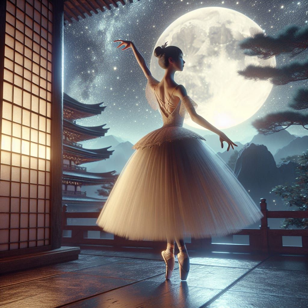 Ballerina Dancing Under Starry Sky in Ukiyo-e Style
