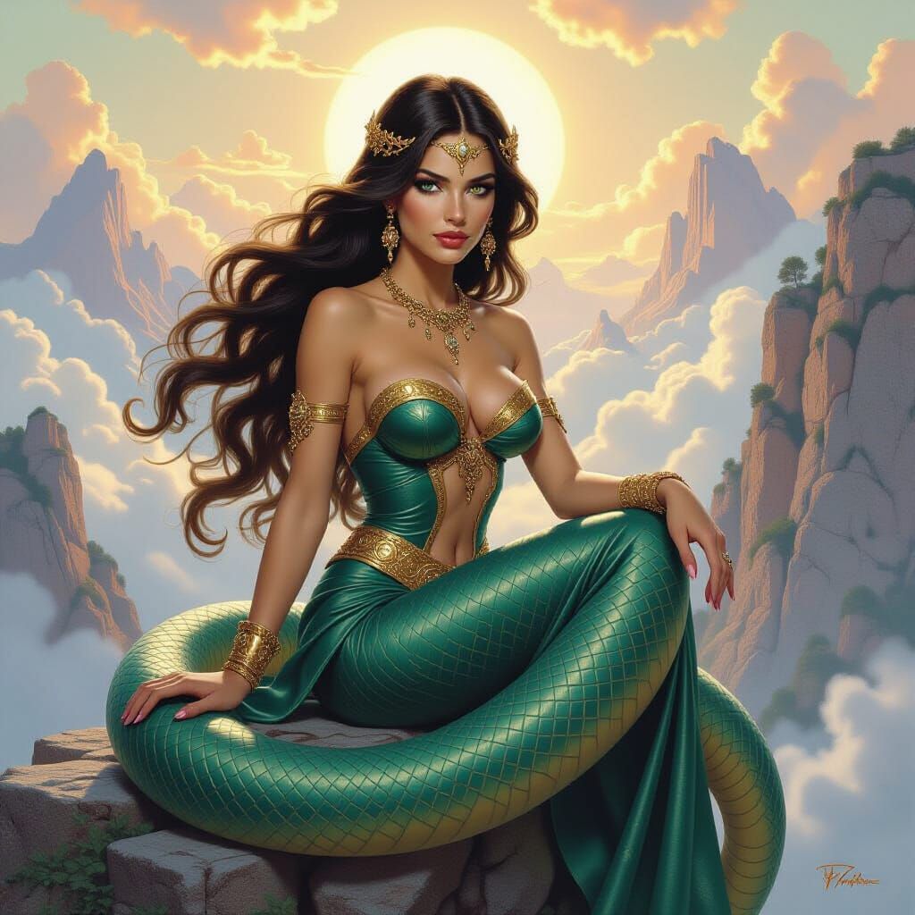Majestic Lamia on Olympus Cliffs in Mythical Style