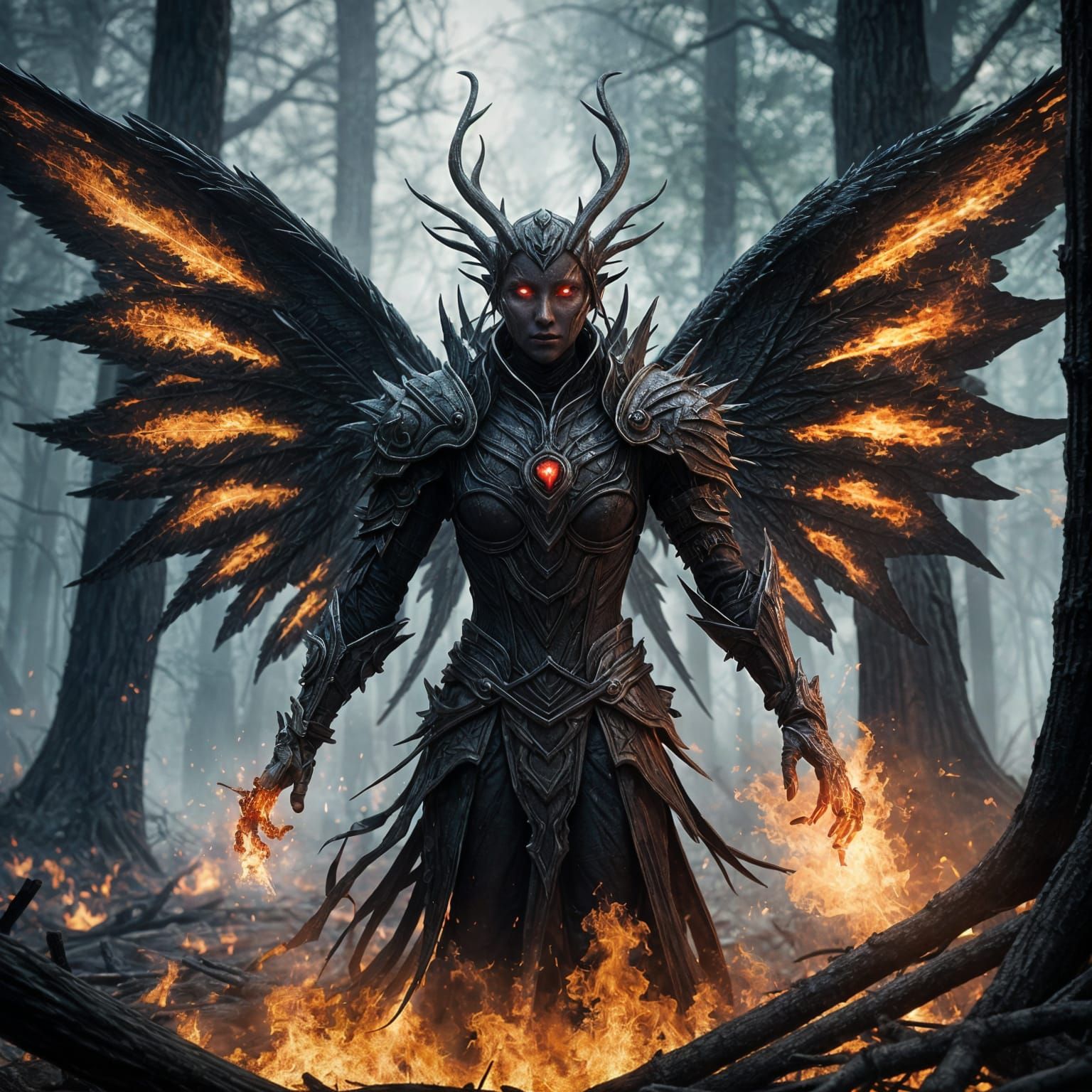 Ash Fairy Rising from Charred Forest: Digital Art