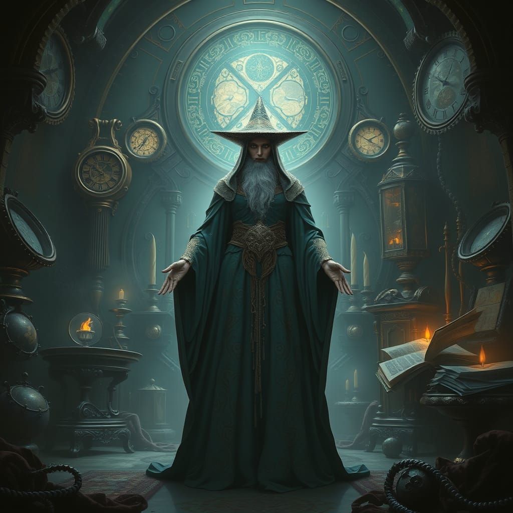 Kalashtar Chronurgist Wizard in Dark Mystical Chamber
