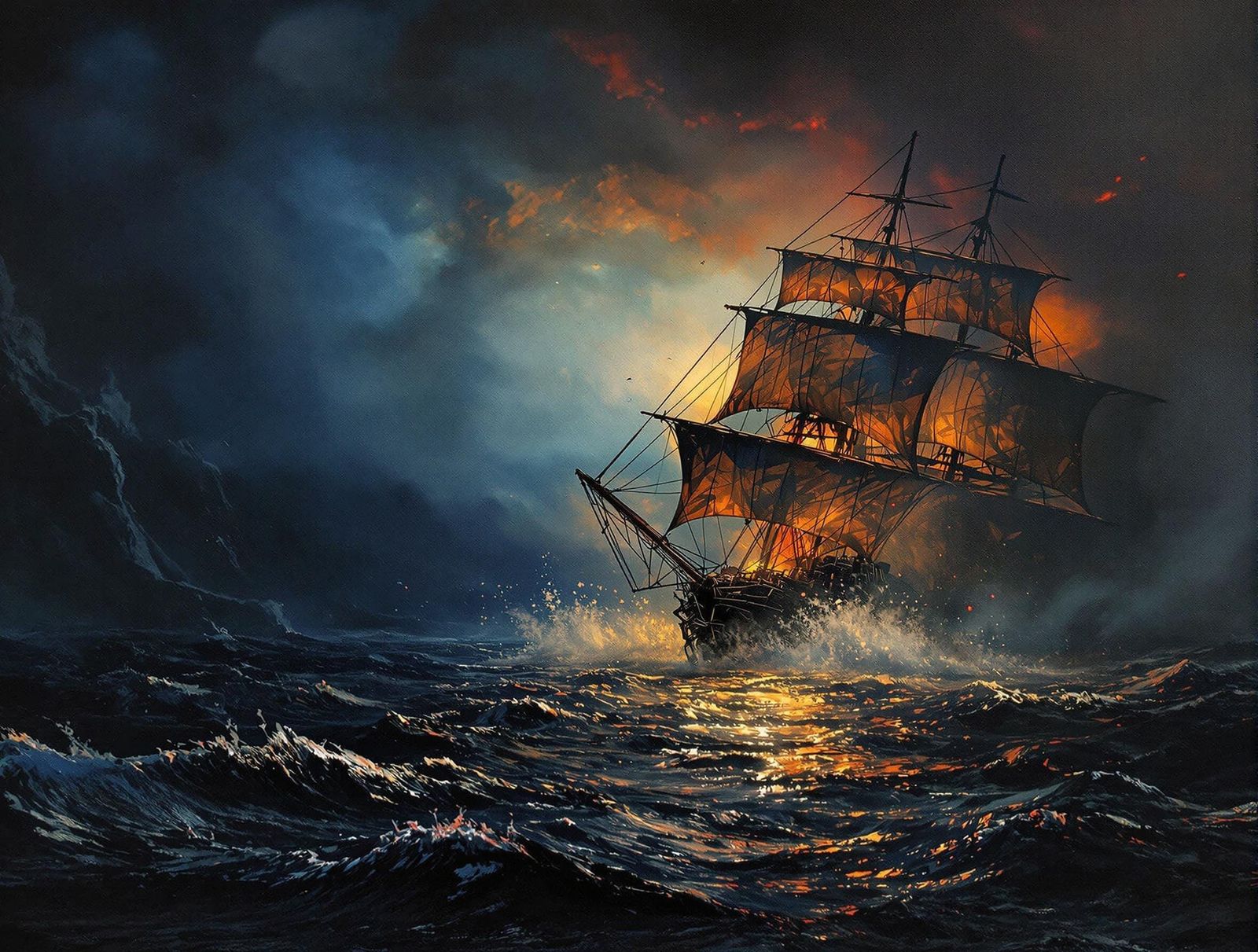 Sailing Ship at Night in Dramatic Impasto Style