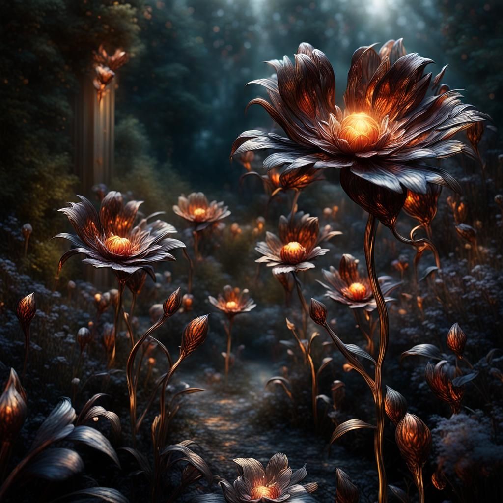 Enchanted Metal Flower Garden at Twilight