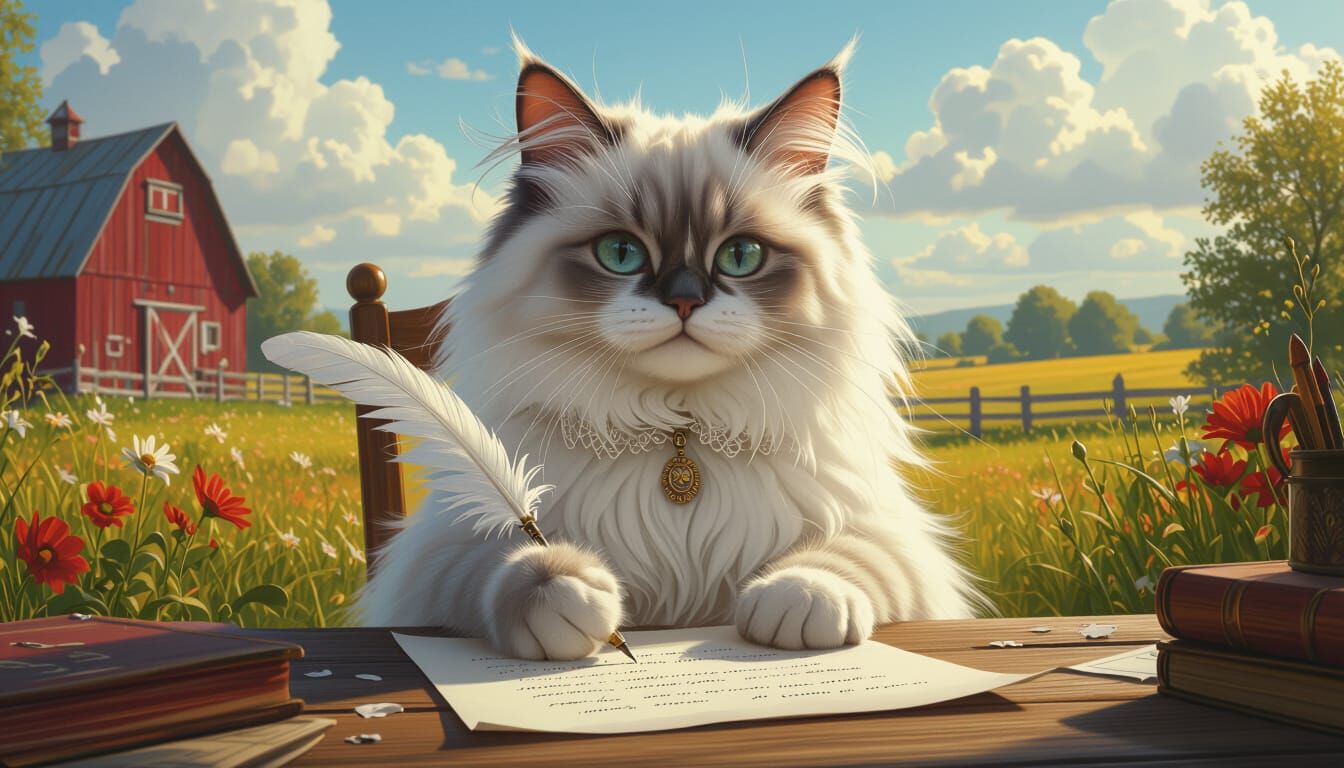 White Ragdoll Cat Writes Letter on Farm in Hyperrealistic St...