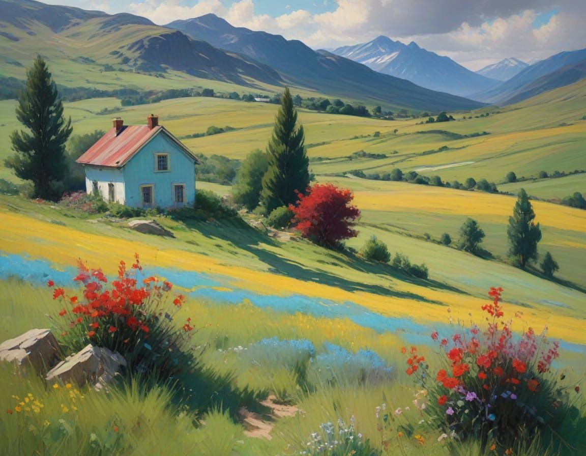 Tetradic Masterpiece of a Serene Meadow Scene