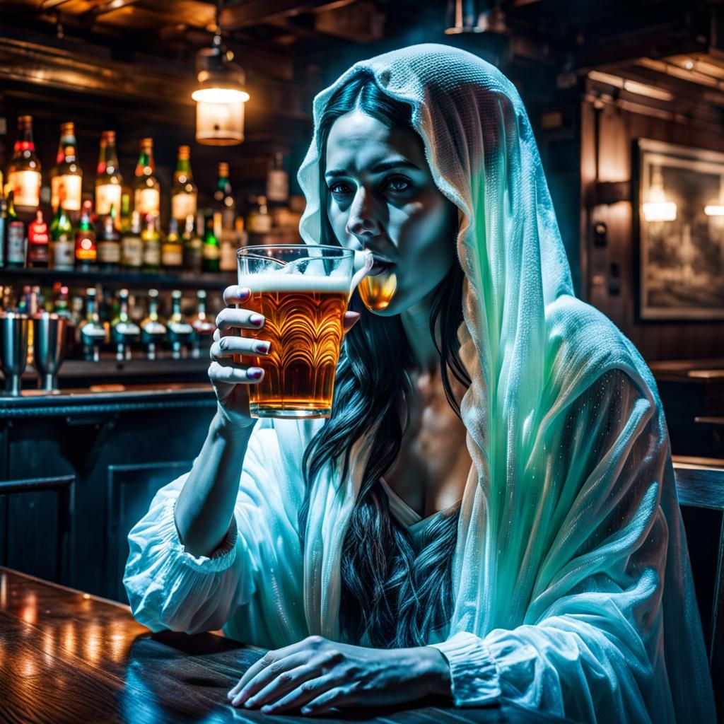 ghostlike lady drinking beer