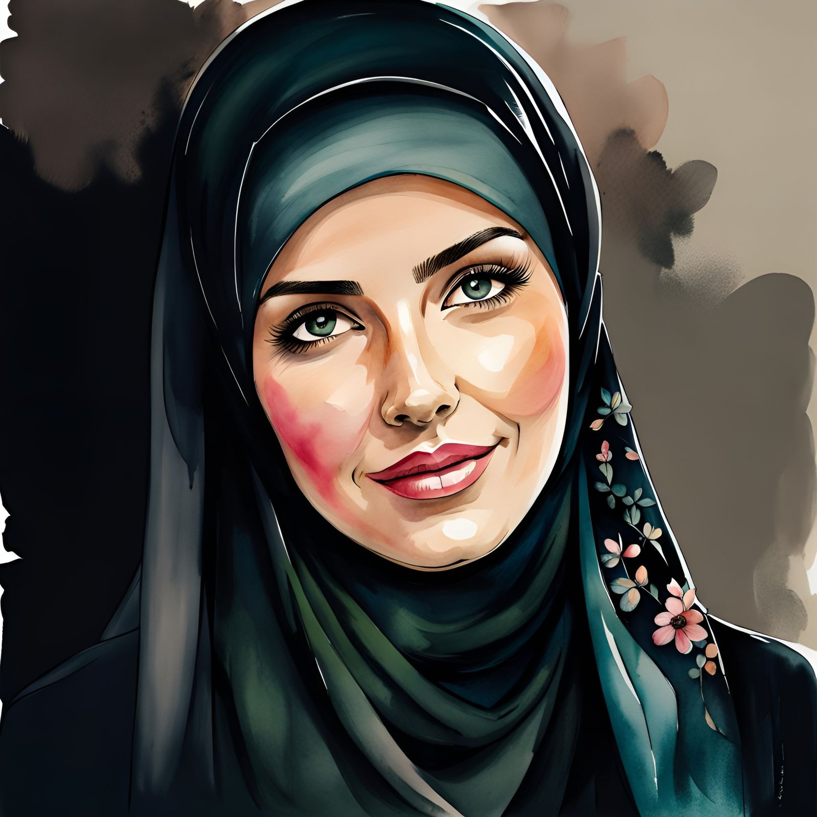 Beautiful Woman in Hijab: Watercolor Ink Drawing