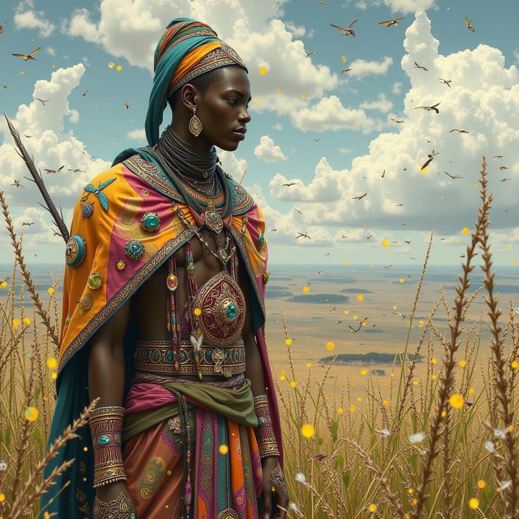 Maasai Warrior in Savannah Landscape: Dystopian Realism