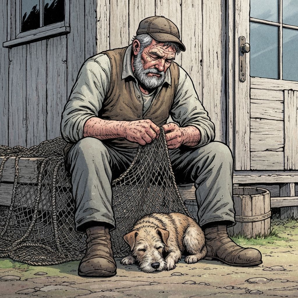 Fisherman and Dog Companionship in Realistic Comic Style
