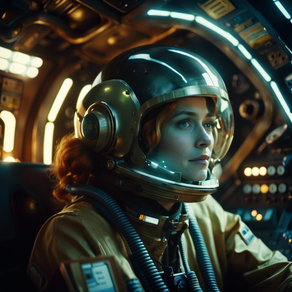 Sci-Fi Pilot in Vintage Cockpit: Photorealistic Film Still