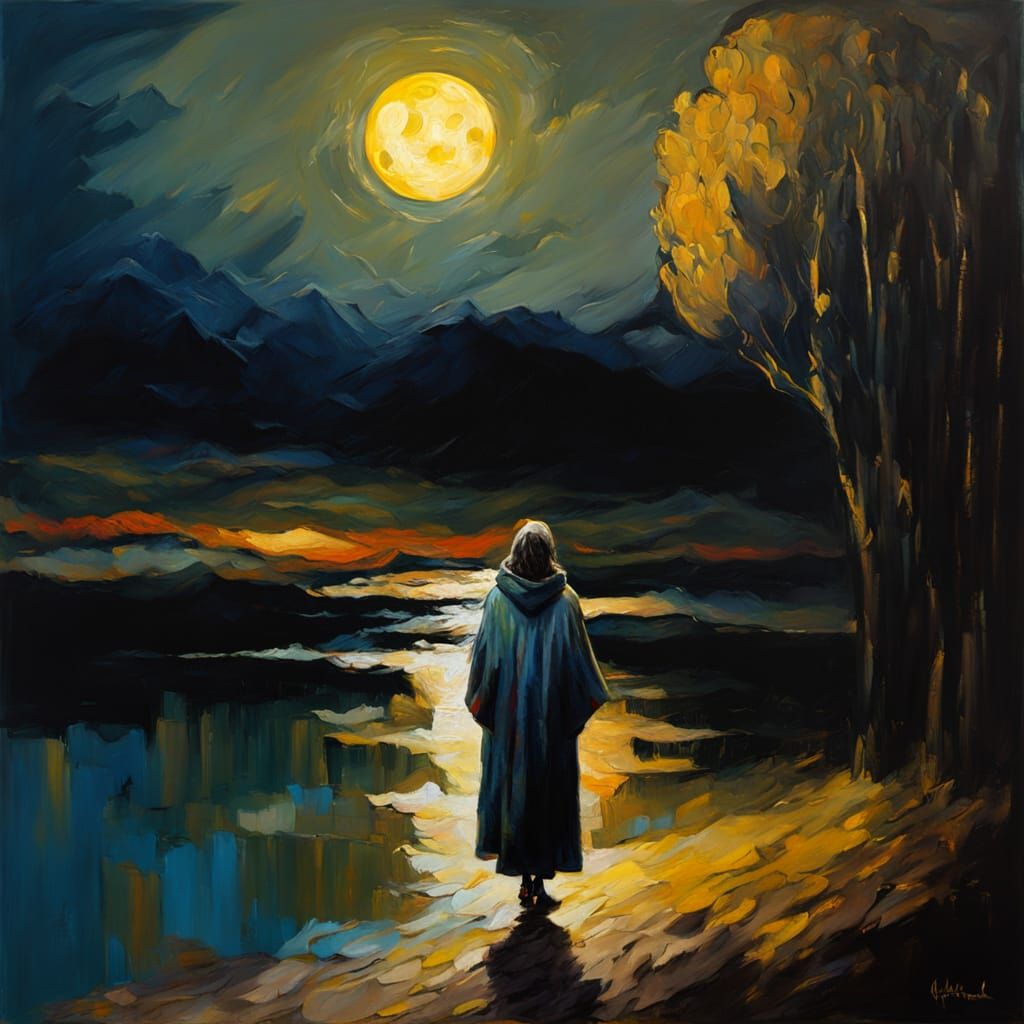 Woman in Moonlight Cloak: An Impasto Oil Painting