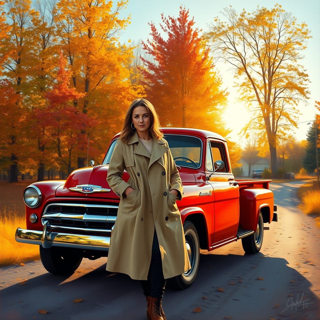 Woman Beside Vintage Truck in Autumn Glow