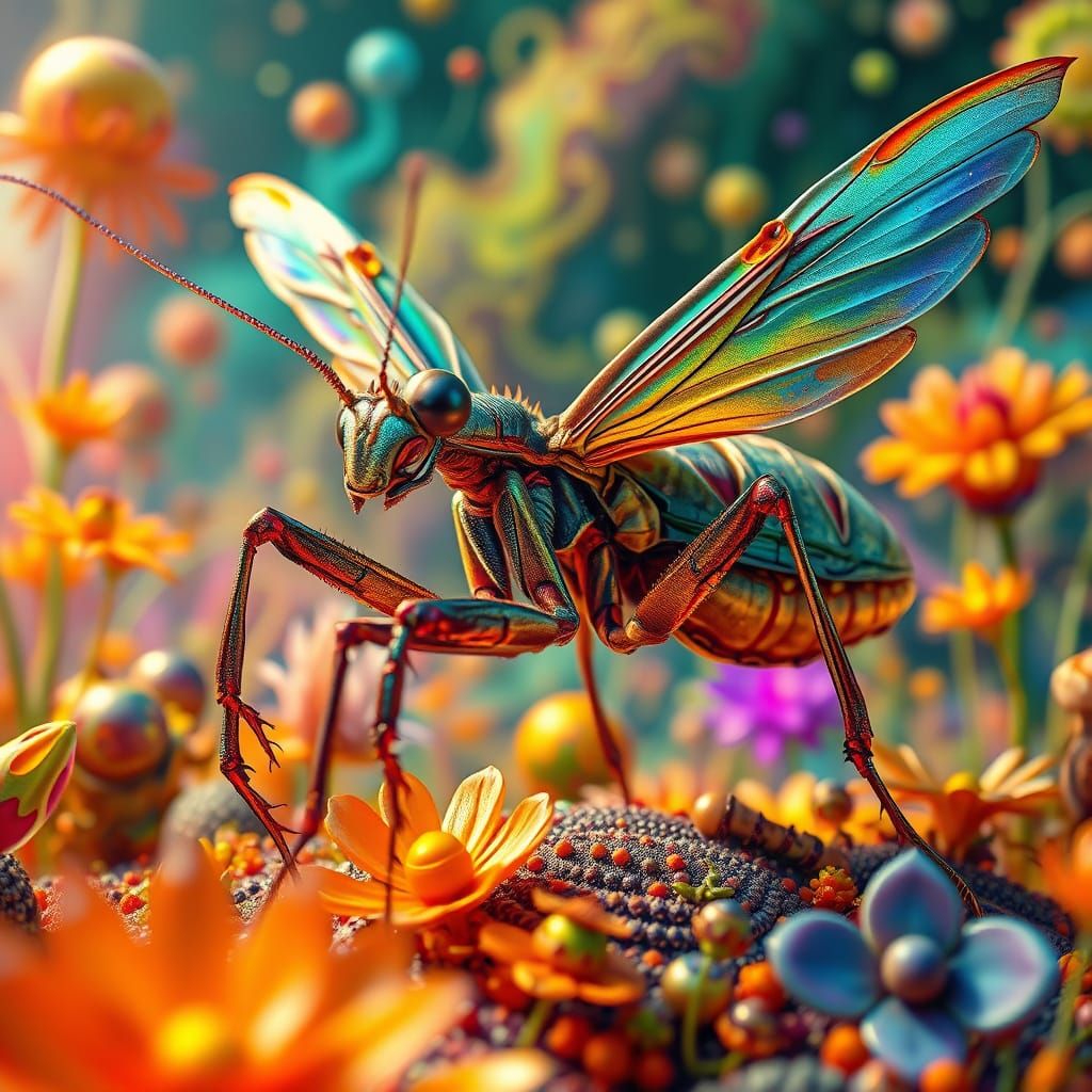 Praying Mantis-Ant Hybrid in Vibrant Surreal Landscape