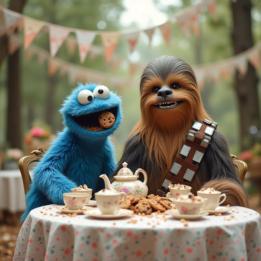 Chewbacca and Cookie Monster at a Whimsical Tea Party