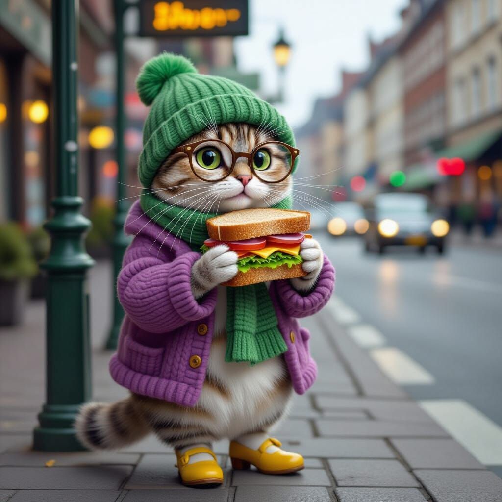 Owl in Hat and Scarf Eats Sandwich at Bus Stop