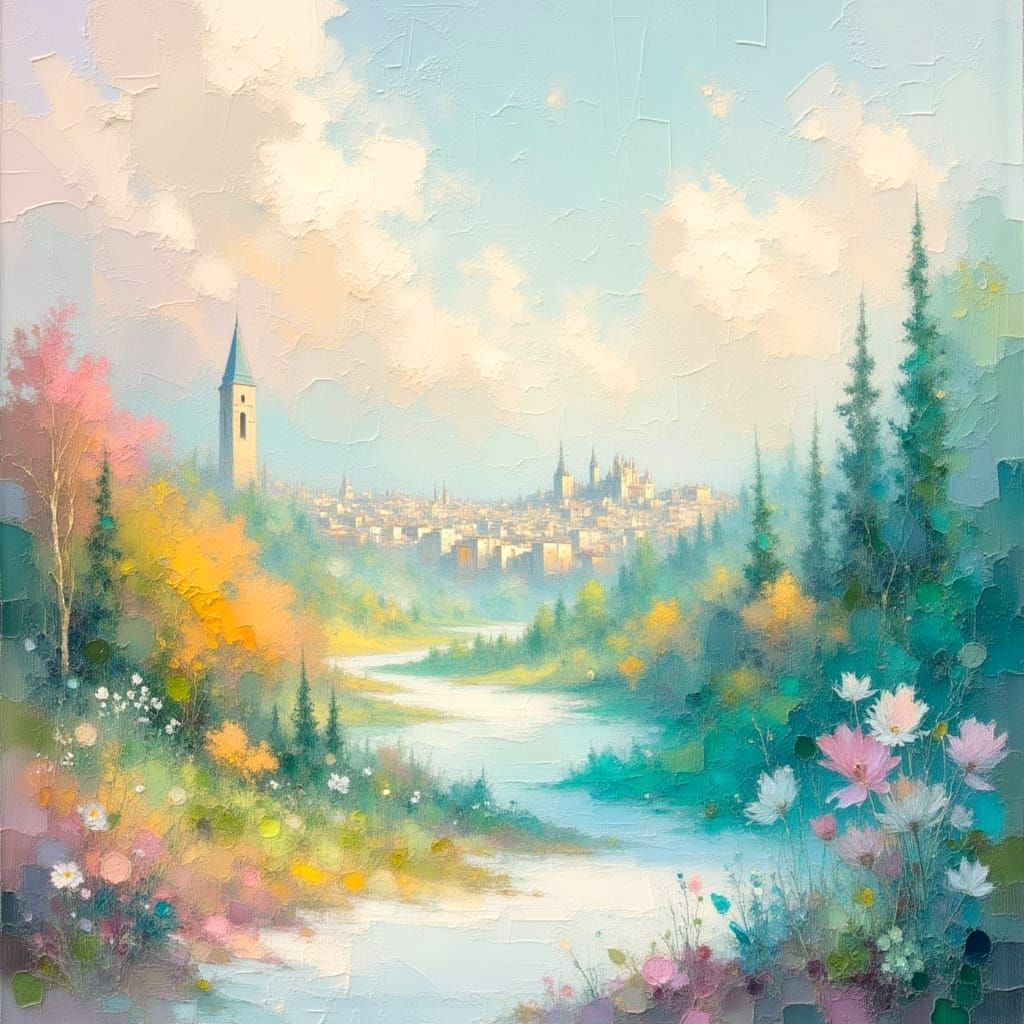 Radiant Cityscapes: Impasto Oil Painting with Soft Light