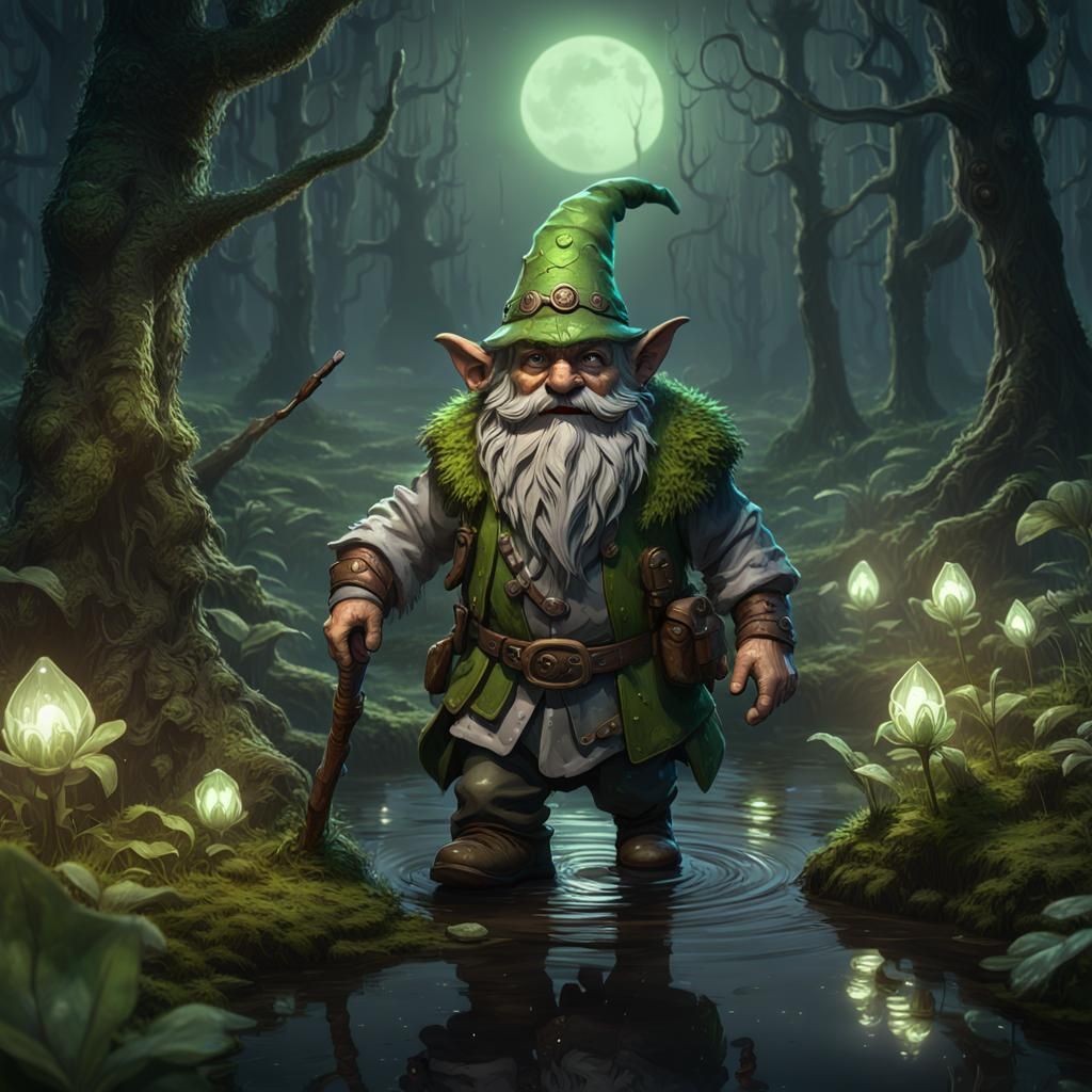 Forest Gnome Druid in Swamp: Dark Fantasy Art