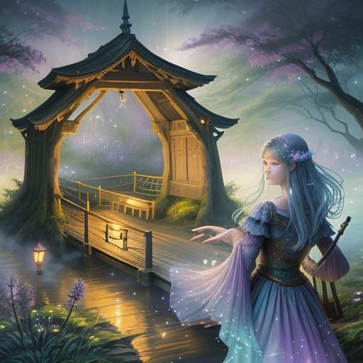 Enchanted Bridge at Twilight: Whimsical Fantasy Art