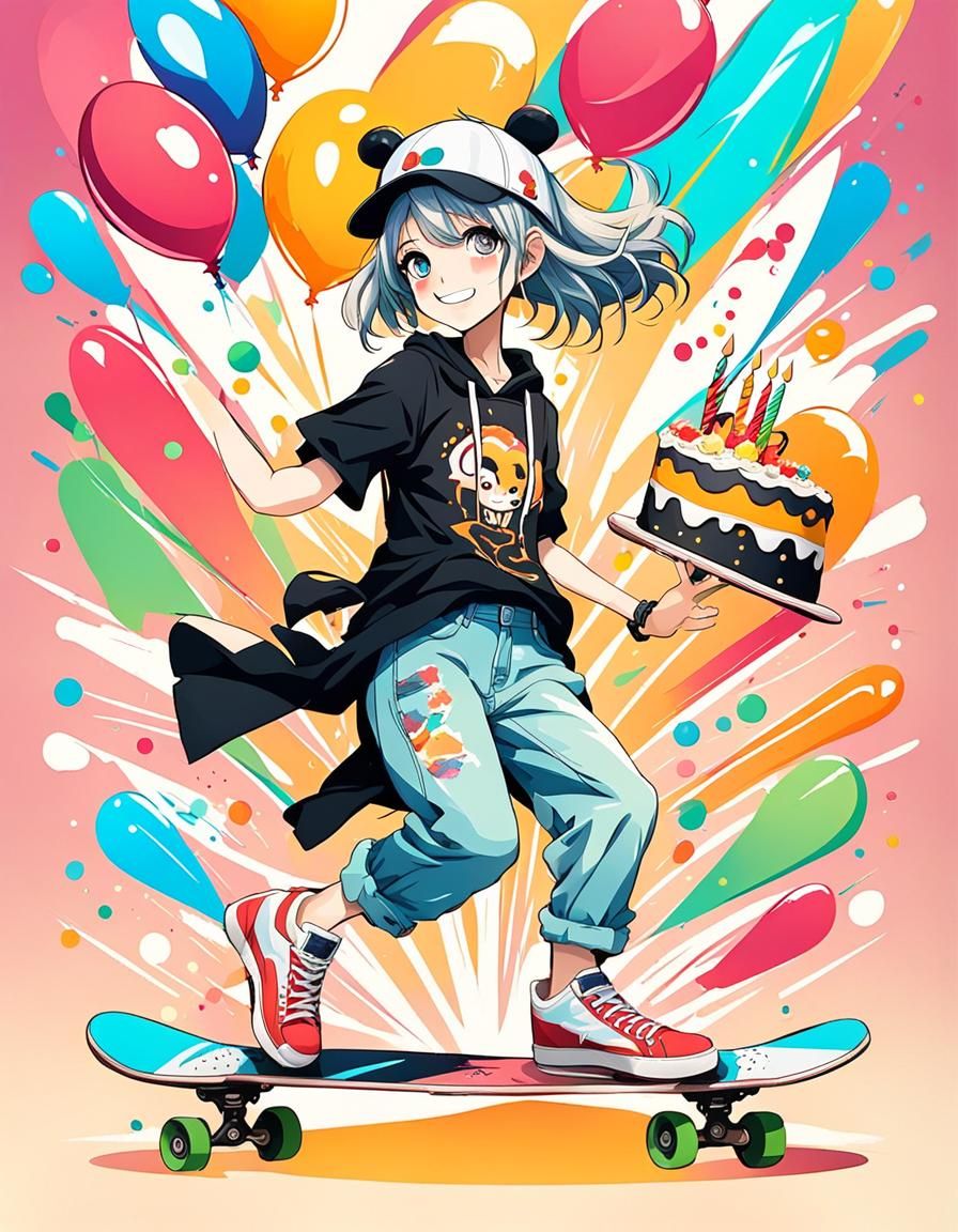 Happy Birthday Girl Anime Teenager Skateboarding With Cake