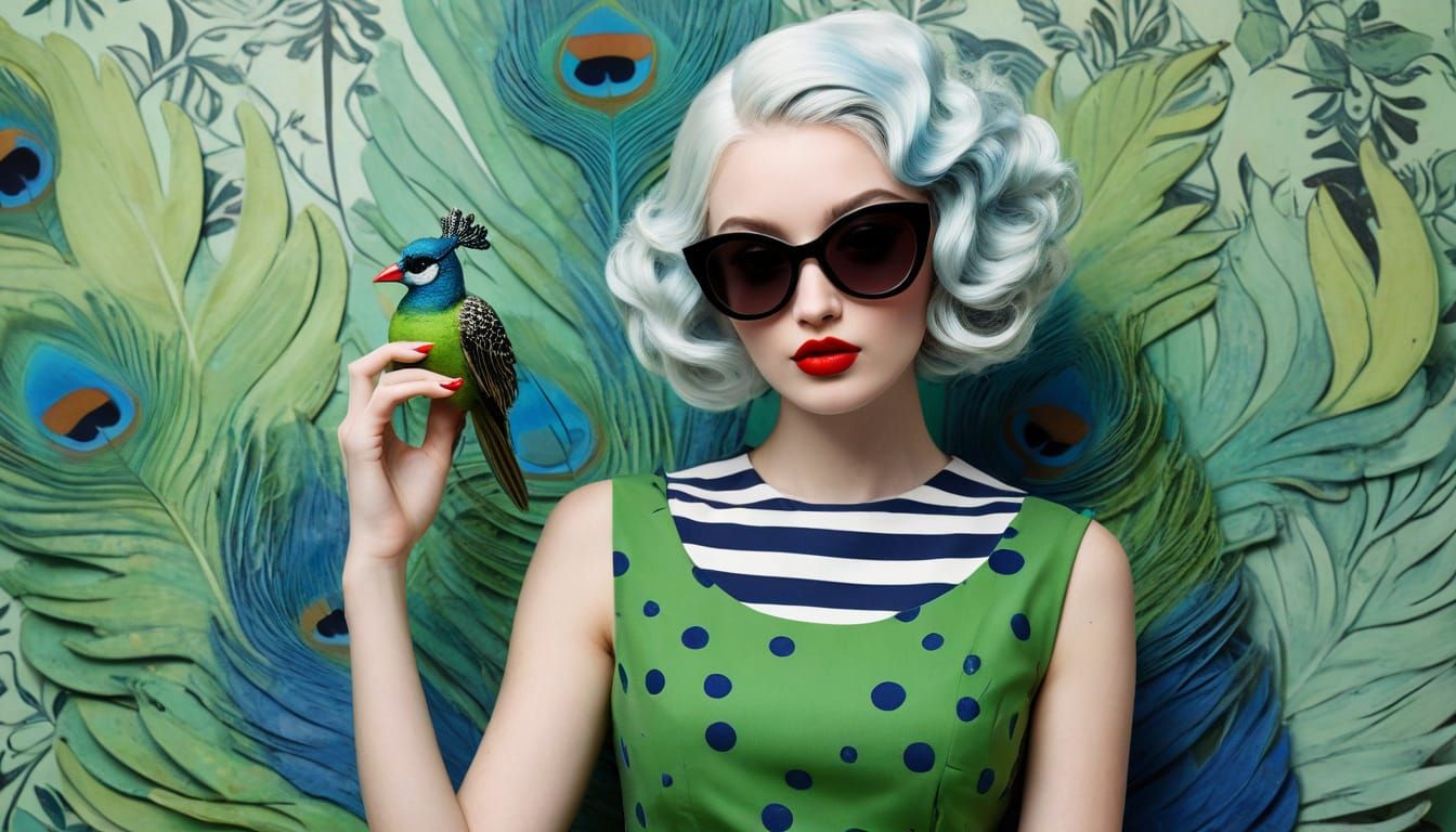 Whimsical Naive Art Portrait with Swirly Hair and Vibrant Bi...