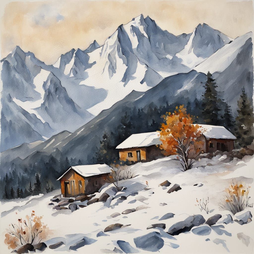 Snowy Mountain Cabin: Detailed Gouache Painting
