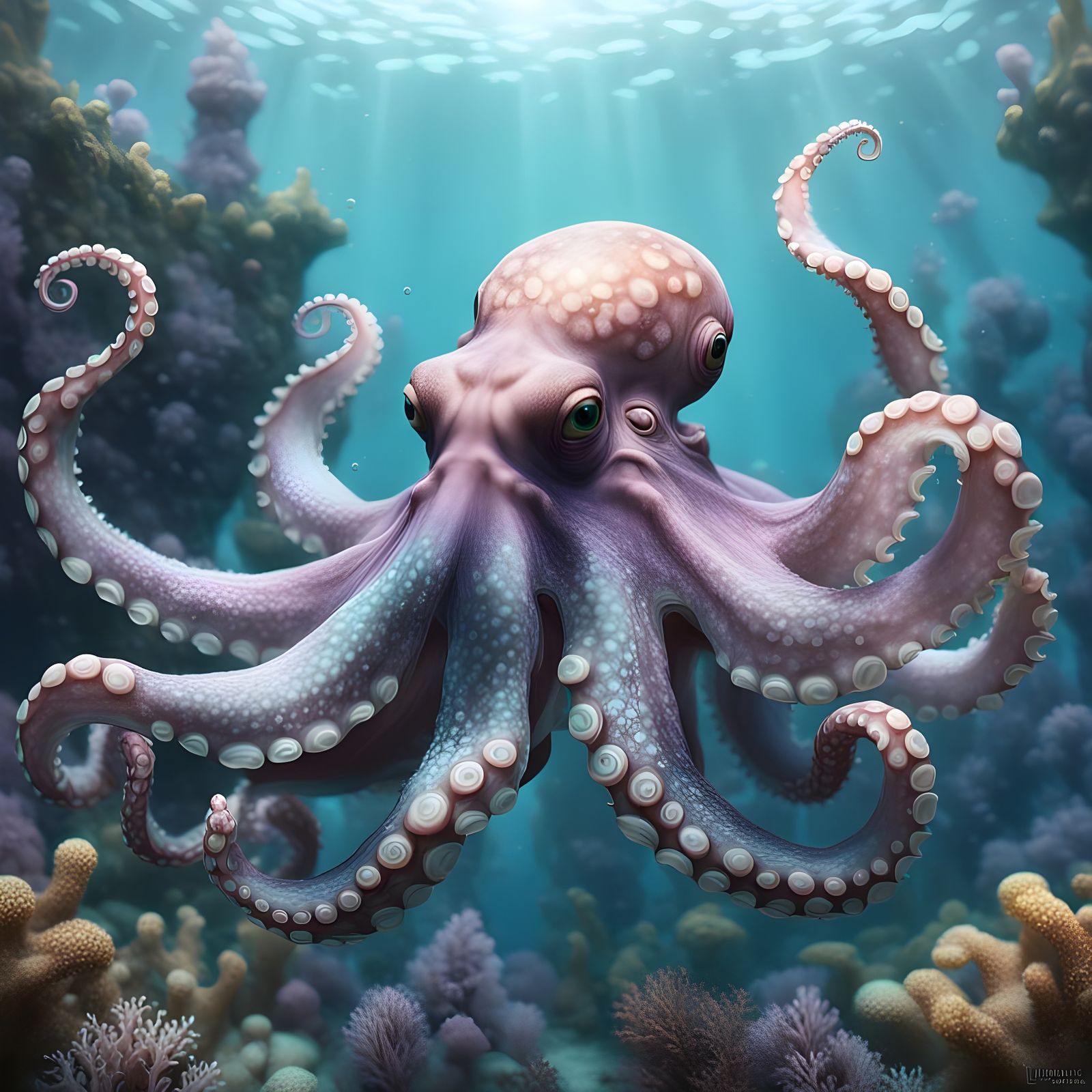 Graceful Octopus in Dreamy Pastel Fantasy Seascape
