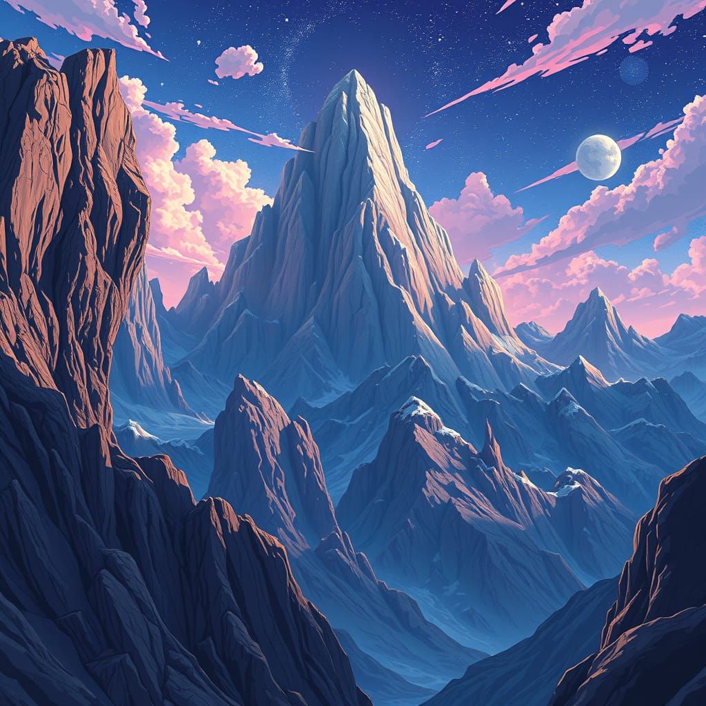 Surreal Alien Mountain Range in Cel-Shaded Anime Style