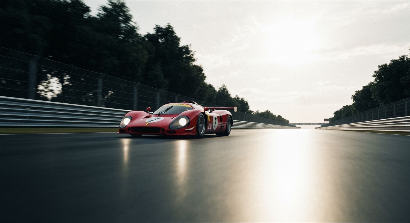Ferrari Race Car Speeds Down Wet Track