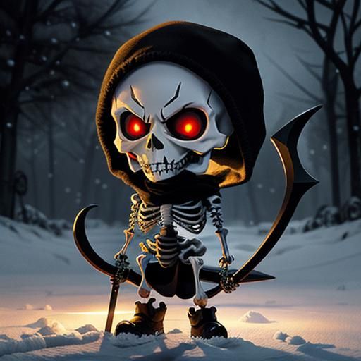 Chibi Skeleton with Scythe in Winter, Watercolor Style