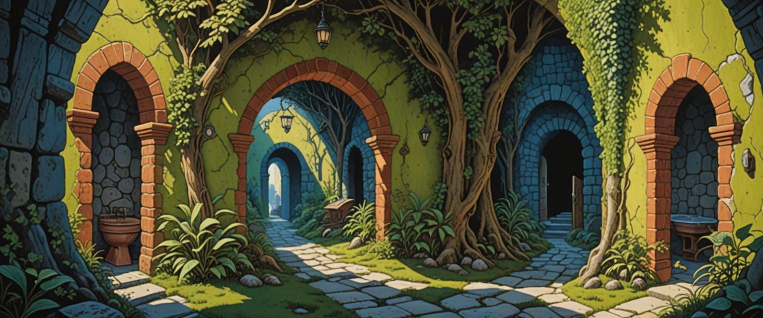 Surreal Swamp Passageways with Goblin, Watercolor Style