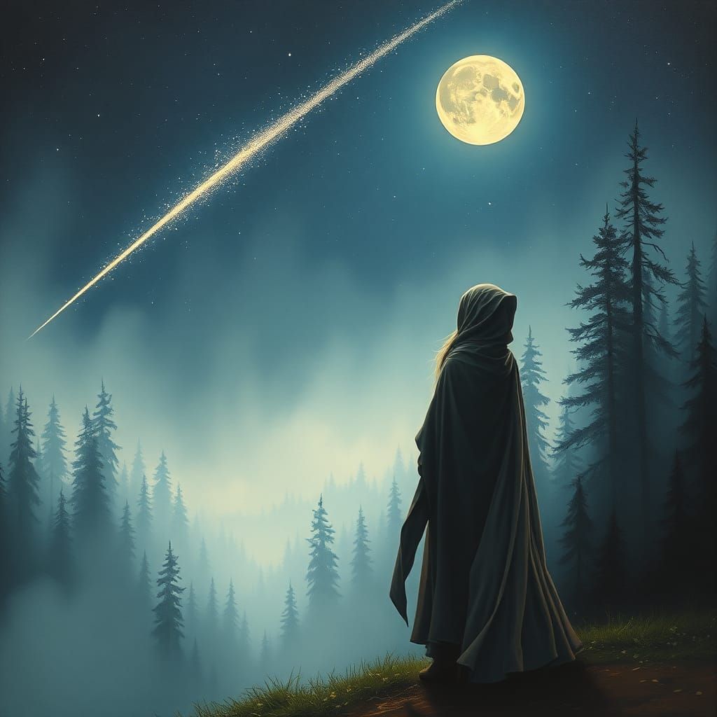 Hooded Woman Watching Shooting Star in Forest