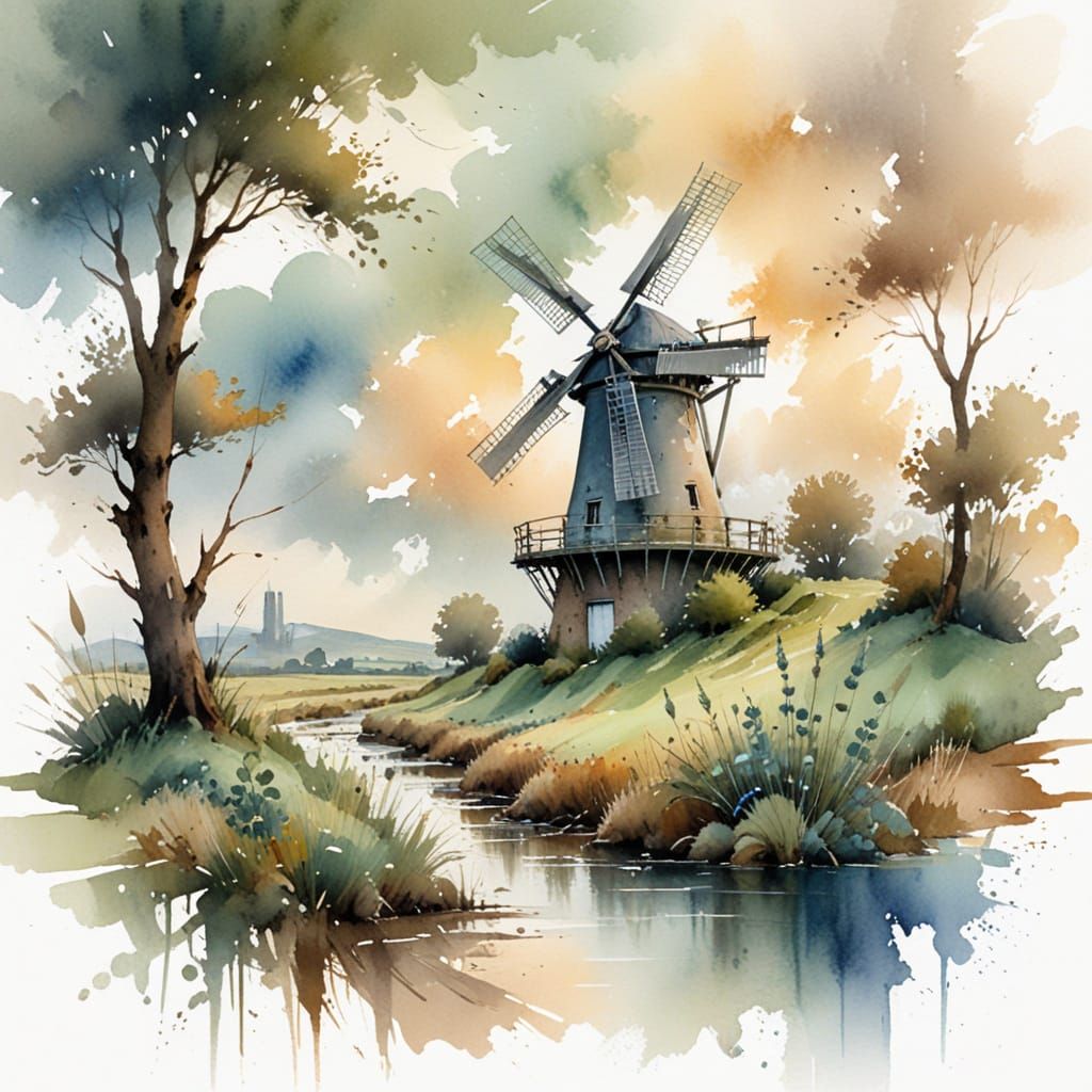 Surreal Windmill Scene in Watercolour Style