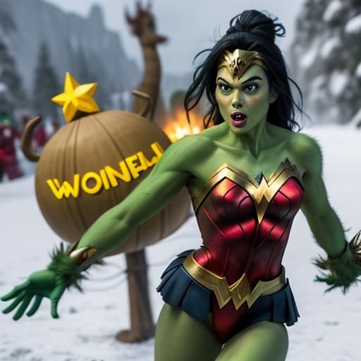 Female Grinch as Wonder Woman AI Art