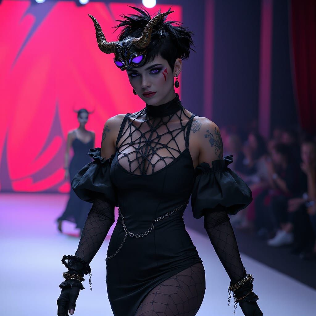 Mysterious Goth Runway Model in Intricate Black Spider Web D...