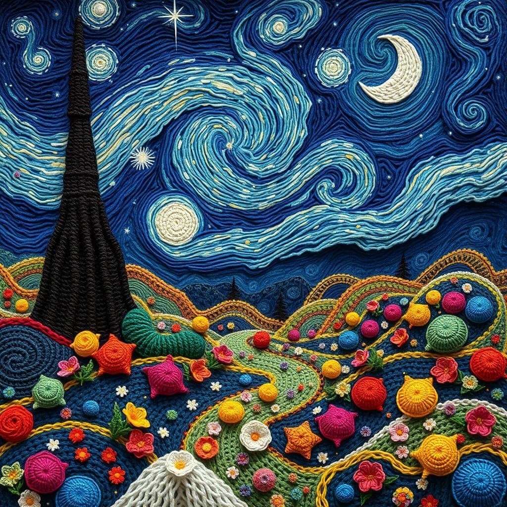 Fantastical Crocheted Fairyland Under a Starry Summer Night