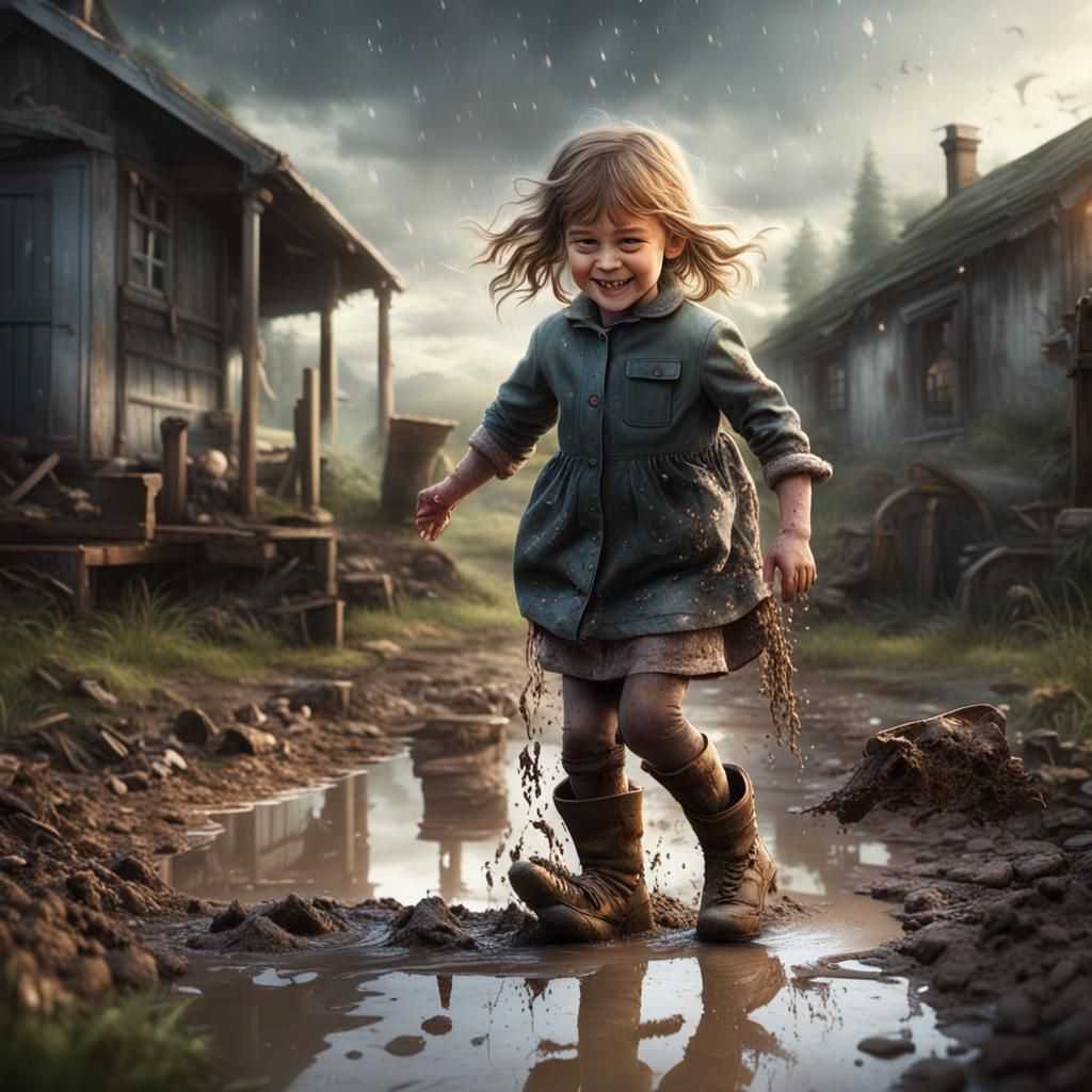 Happy Girl Splashing in Mud Puddle