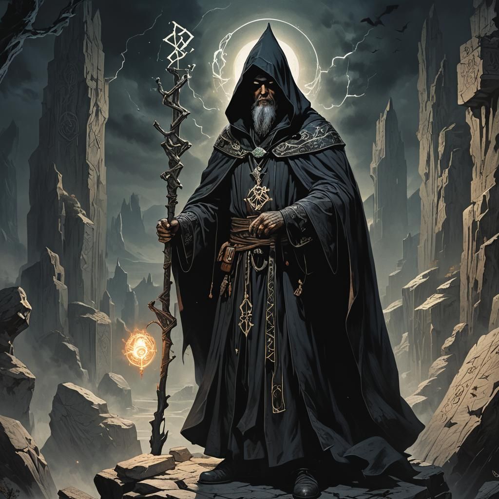 Dark Wizard Casting Black Magic in Sinister Forest