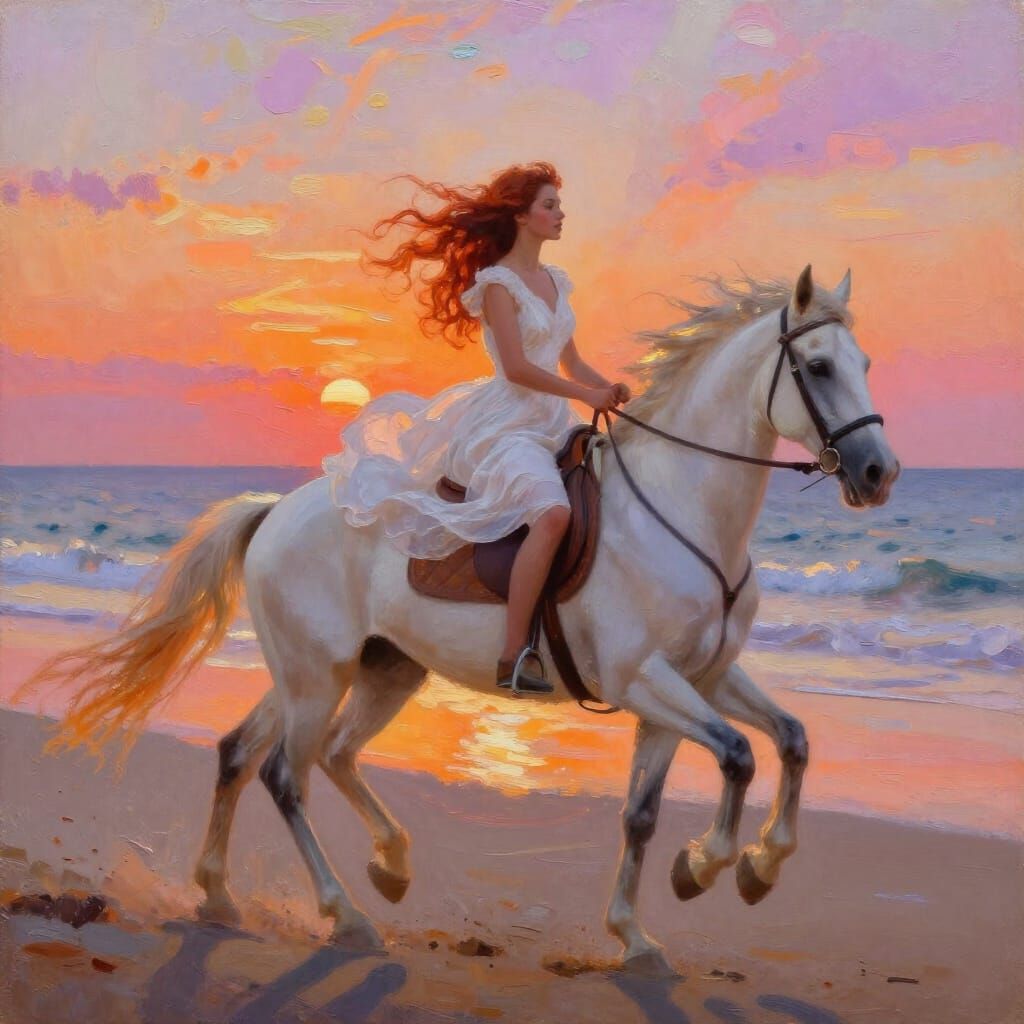 Woman on Horseback Beach Sunset Impressionistic Oil Painting